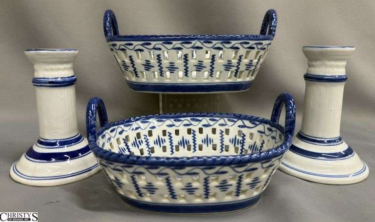 Blue and White Ceramic Baskets and Pair of Candle Holders 9x6x3" Largest Basket image