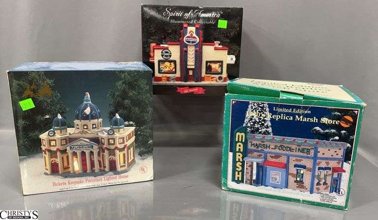 3 Lighted Village Houses, Marsh Foodliner, Spirit of America Gas Station, Dickens Village Museum image
