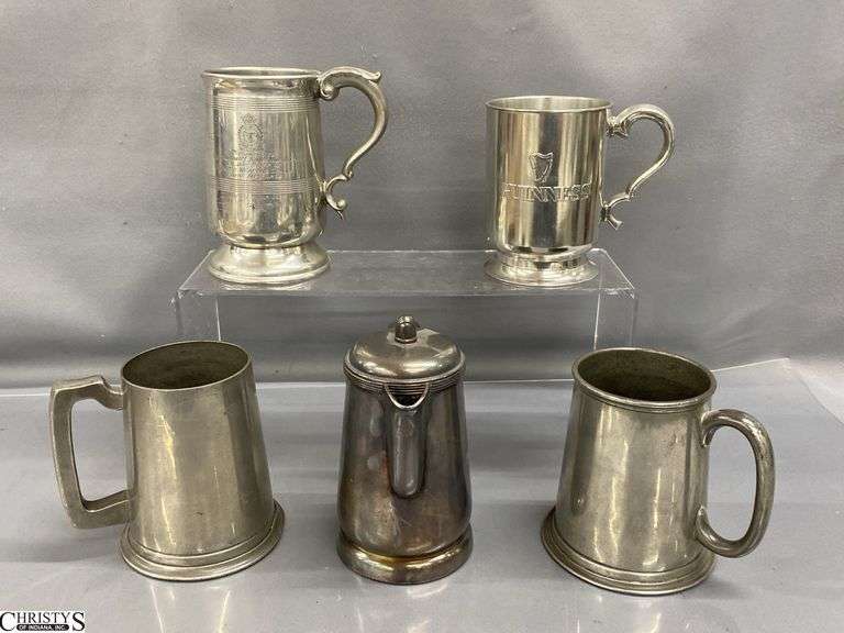 5pcs Pewter Mugs, Tankards, and Plated Pitcher image