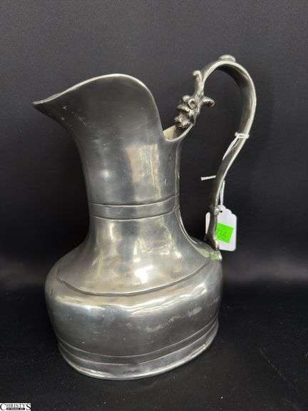 Old World Pewter Pitcher With Dragon Like Head On Handle 9" Tall image