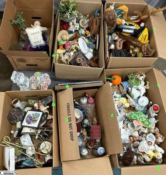 SKID With Trinkets, Candle Holders, Plate Stands, Scooby Cookie Jar, Popeye, Figural Lady Nut Cracker, Doll, Bells, Some Damage, SKID is Not Included image