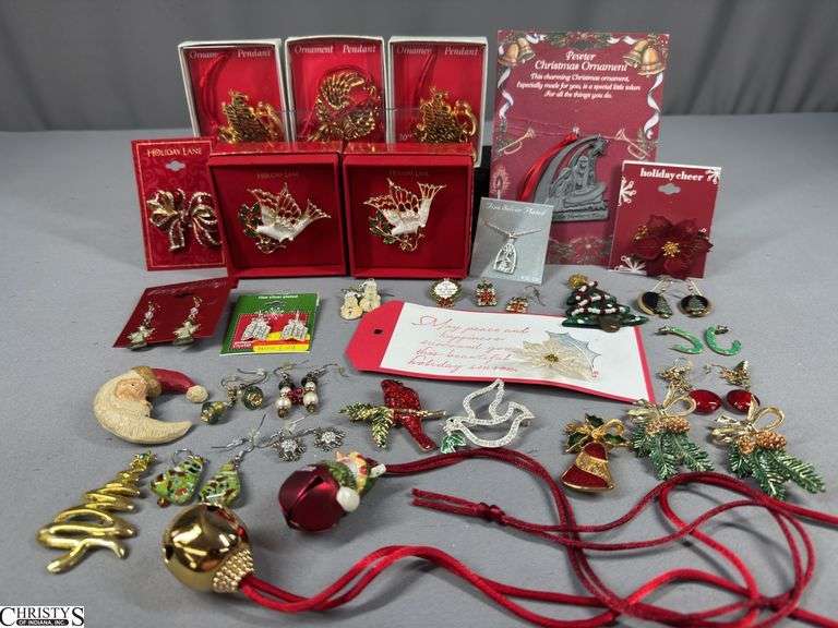 Christmas / Winter Jewelry.  Includes 13 Pins, 11 Pairs of Earrings, 3 Necklaces, 3 Ornament Pendants in Boxes and a Pendant image
