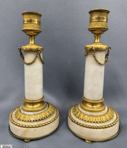 Pair of Louis XVI Style Mineral and Brass Candlesticks. 8" image