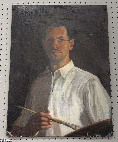 Male Artist Study Oil on Board Portrait - 18" x 24" - Double Sided, edge wear and paint loss image