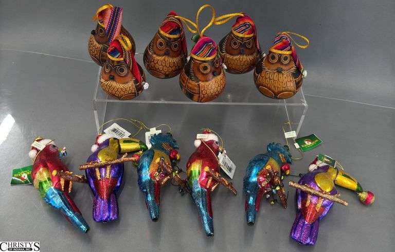 Kurt Adler Parrots and Wooden Owl Holiday Ornaments image