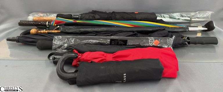 Assortment of Umbrellas, Compact and Full Size, Green/White, Multi Color, Hunter Green, Black image