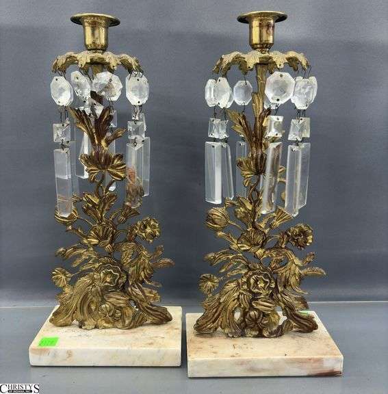 Pair Antique Gilt Brass Floral Motif Girandoles - 15.5" of each, missing some prisms image