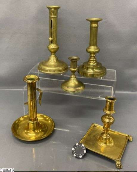 5 Brass Candle Holders, Push Up and Fixed, Tallest 9" image