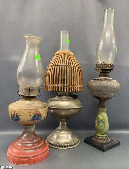 3 Oil Lamps, Painted and Metal Bases, Tallest 24" image