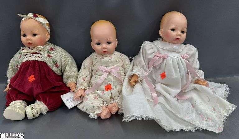 3 Madame Alexander Baby Dolls, Night-Night Victoria, Pink Bouquet Handkerchief and Berry Berry Christmas image