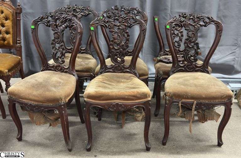 6 Victorian Ornate Carved Dining Chairs - 37" T - 18" seat of each - wear and damage on wood to several, damaged upholstery image