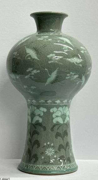 "Thousand Cranes" Korean Celadon Porcelain Vase 15" Tall image