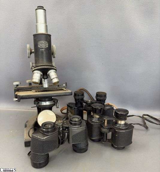Microscope, 3 Pairs Binoculars - 13" of microscope image