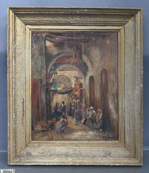Signed Middle Eastern Market Scene Oil on Canvas - 18.5" x 21.5" of frame, some chipping image