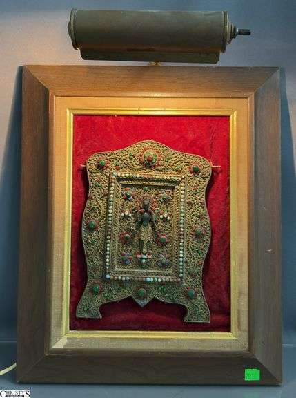 Nepalese Gilt Metal Filigree and Inset Stone Mounted Plaque - 7.5" x 9.5" of votive plaque - 14" x 17.5" of frame image