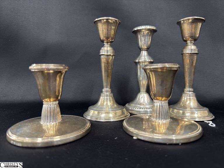 5pcs Sterling Weighted Candle Sticks, Birmingham William Hutton and Sons, and Empire Tallest 3 Measure 6" image