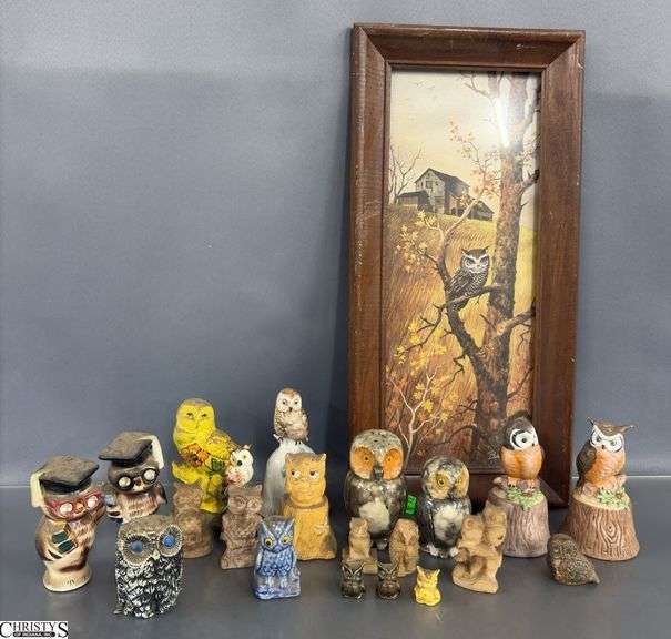 Owl Figurines, and Framed Art, Mineral Does Have Chips, Some Wear and Dusty image
