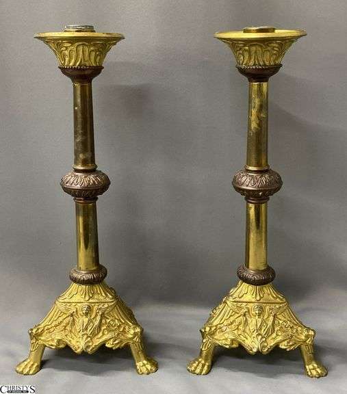 Pair of Ornate Brass Candlestick Holders with Angel Detail 18" image