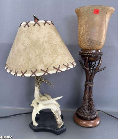 2 Table Lamps Rustic Antler Motif, Tallest Has Crack In Shade other Shade Is Misshaped 20.5" image