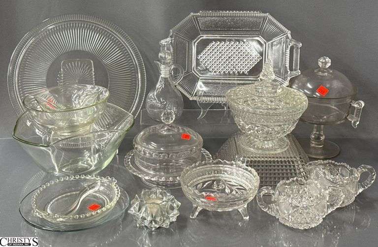 Clear Glass Items, Lidded Compotes, EAPG Wheel and Comma Tallest 9", Derby Pleat and Panel Tray Bowls, Divided Dishes, Cream and Sugar, Serving Trays image