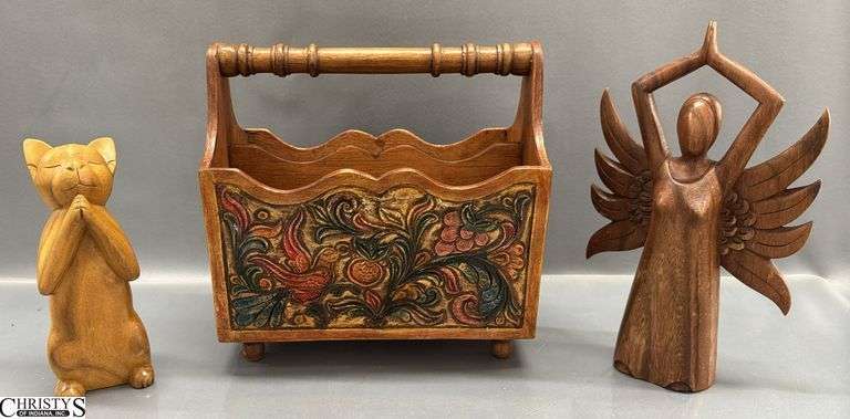 3pcs Novica Handmade Angel of Kindness Wood Sculpture 11",   Songbirds Hand Tooled Leather and Mohena Wood Magazine Rack and Wishing Cat" or "Praying Cat" Suar wood sculpture image