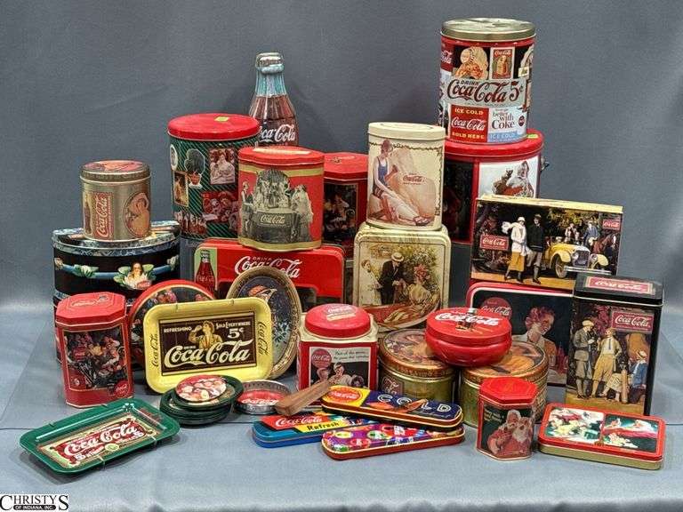 Various Coca Cola Metal Tins, Coasters, Pens - 7" x 5" of largest image