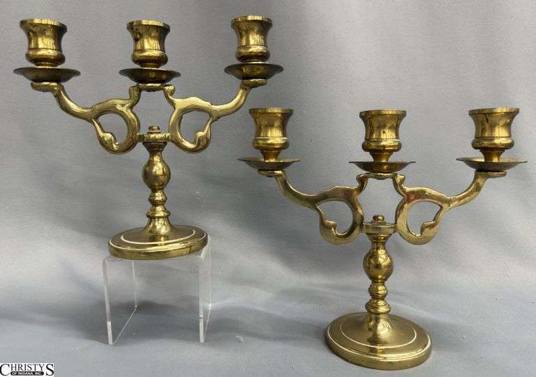 Pair of Triple Flame Brass Candelabras image