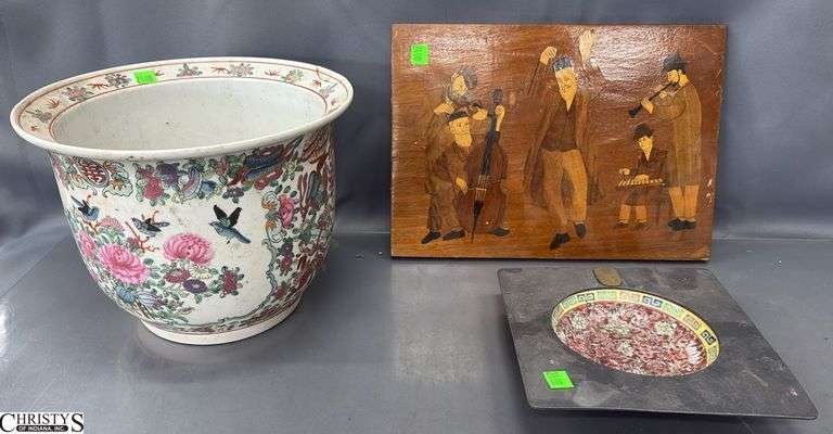 Asian Influence Pot, Ashtray, Jewish Motif Marquetry Wood Panel - 13" of panel image