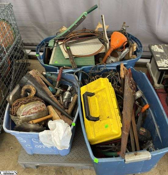 Pallet of Tools Chain Fall, Paper Cutters, Saws, Drills Pallet Not Included image