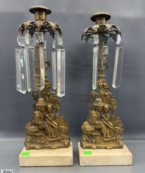 Pair Antique Gilt Brass Figural Motif Girandoles - 14.5" of each, missing some prisms image