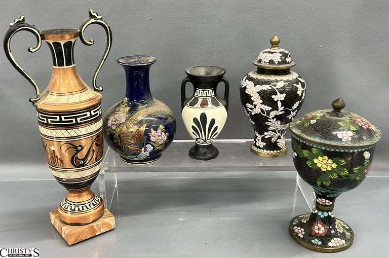 2 Cloisonne Lidded Vases, Asian Influence Vase, 2 Grecian Urns - 12" of tallest image