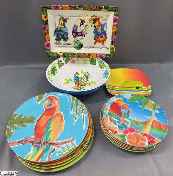 Melamine Parrot Theme Bowl, Tray, 2 Sizes Of Plates, Largest Tray 14x10" image