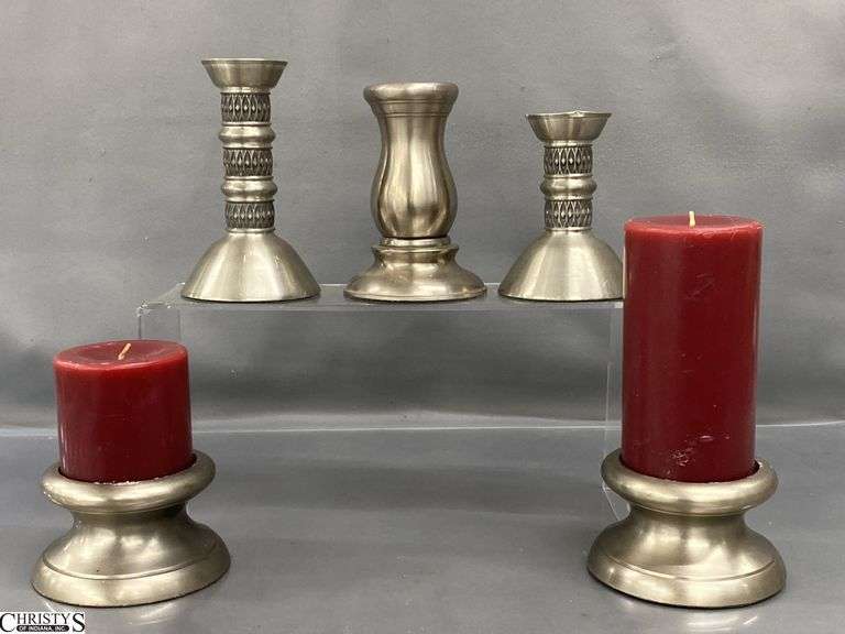 Restoration Hardware Pewter Look Candle Holders, Some Wear, Pillar Candles image