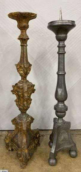 2 Floor Church Altar Candle Sticks, Wood? And Pewter Prickett Style Tallest 33" image