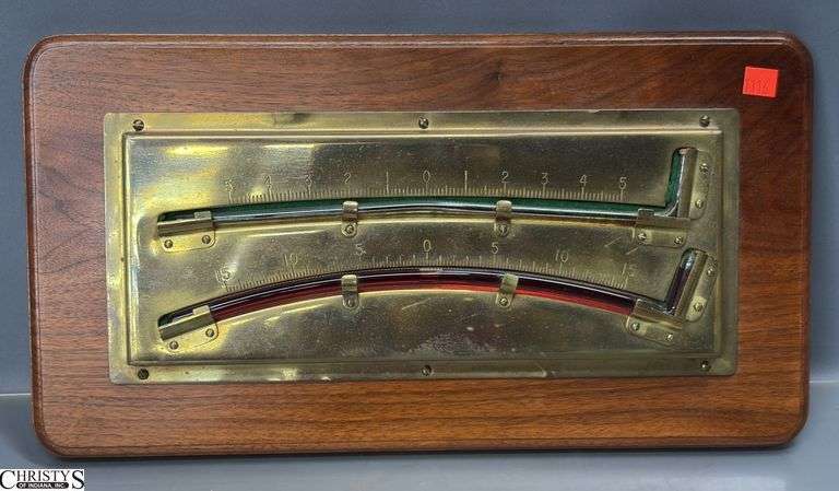 Antique Double Gauge Ships Brass Clinometer - 19" x 10" of wood plaque image