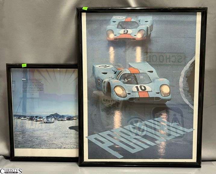 2 Framed Automobile Advertising, Porsche Racing Measures 23x29" image