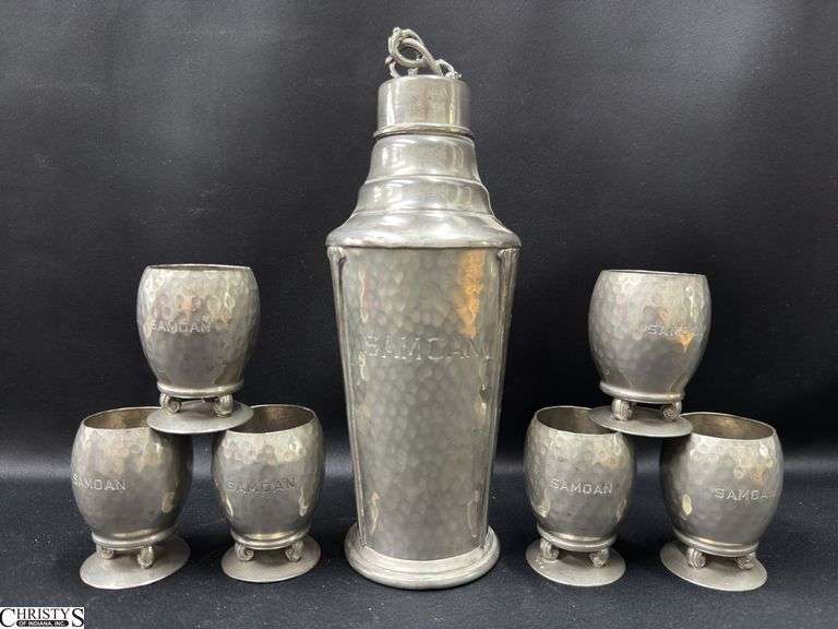Hand Wrought Hammered Pewter Samoan Decanter and 6 Small Cups image