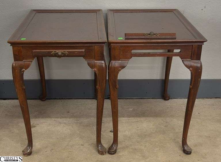 Pair Queen Anne Style Tea Tables - 28" x 18" x 25" of each - one is missing sliding insert image