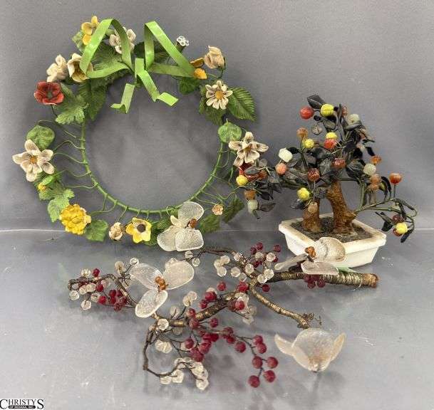 Floral Porcelain Wreath, Hardstone Asian Influence Tree, Glass Cherry Branch - Some damage and chipping - 9" of wreath image
