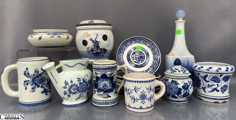 Blue and White Saucers, Royal Copenhagen Decanter, Mugs, Dishes - Delft, Royal China, and Others - 11" of tallest image