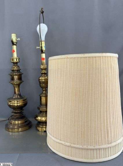 Two Brass Table Lamps With Shades 29" image
