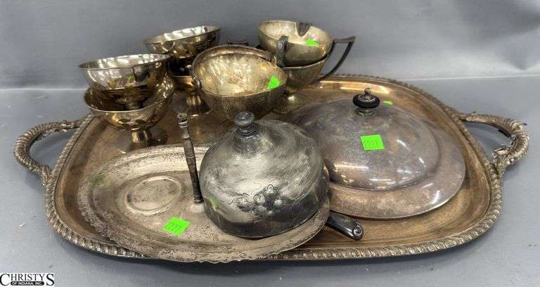 Silverplate Tray, Cups, Creamer/Sugar, Basket, Misc - 23" of tray image
