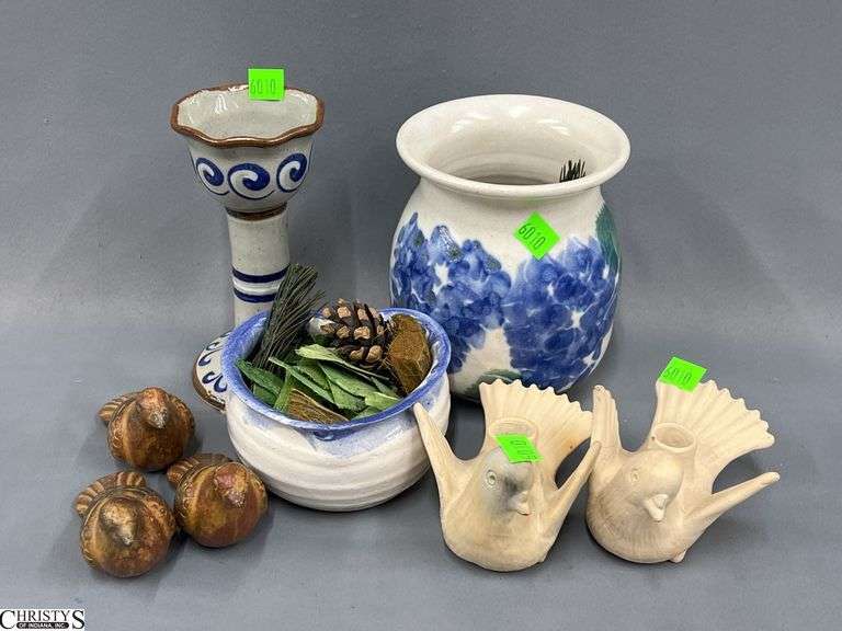 Pottery Candle Holder, Vase, Bird Taper Holders, Tallest 6.25" image