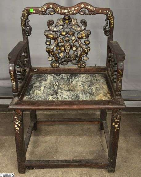 Chinese Mother of Pearl Accent Stone Inset Seat Chair - 25.5" x 19" x 38" - 20" seat - shows wear throughout, Missing MOP and several trim pieces image
