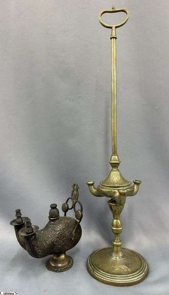2 Florentine Style Oil Lamps, Brass Tallest 23" image