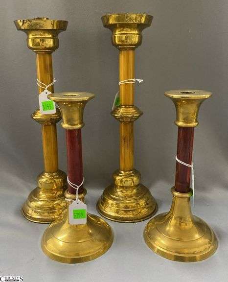 4 Brass Candle Holders, Tallest Pair 14.5" image