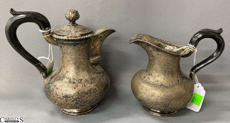 2 Smaller Plated Pitchers, Has Hand Written Vienna Tag, Stamped Makers Mark on Bottom, With Wooden Handles Tallest 6" image