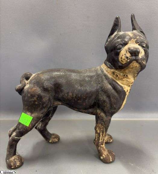 Vintage Boston Terrier Cast Iron Door Stop 10.5x10.5", More Wear to The Finish image
