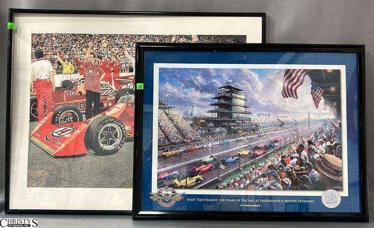 2 Framed Racing Artwork Prints, IMS Centennial Year By Kinkade, and Gilmore Racing Print Largest 28x22" image
