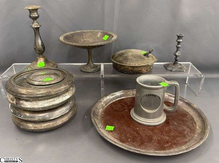 Silverplate Wine Coasters, Candlesticks, Tray, Compote - 12" of tray image